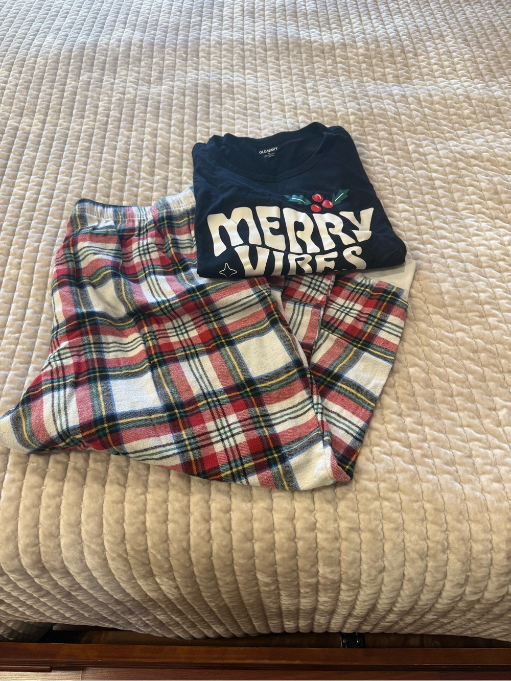 Old Navy Navy 'Merry Vibes Only’ Top with Red and White Plaid Pajama Pants